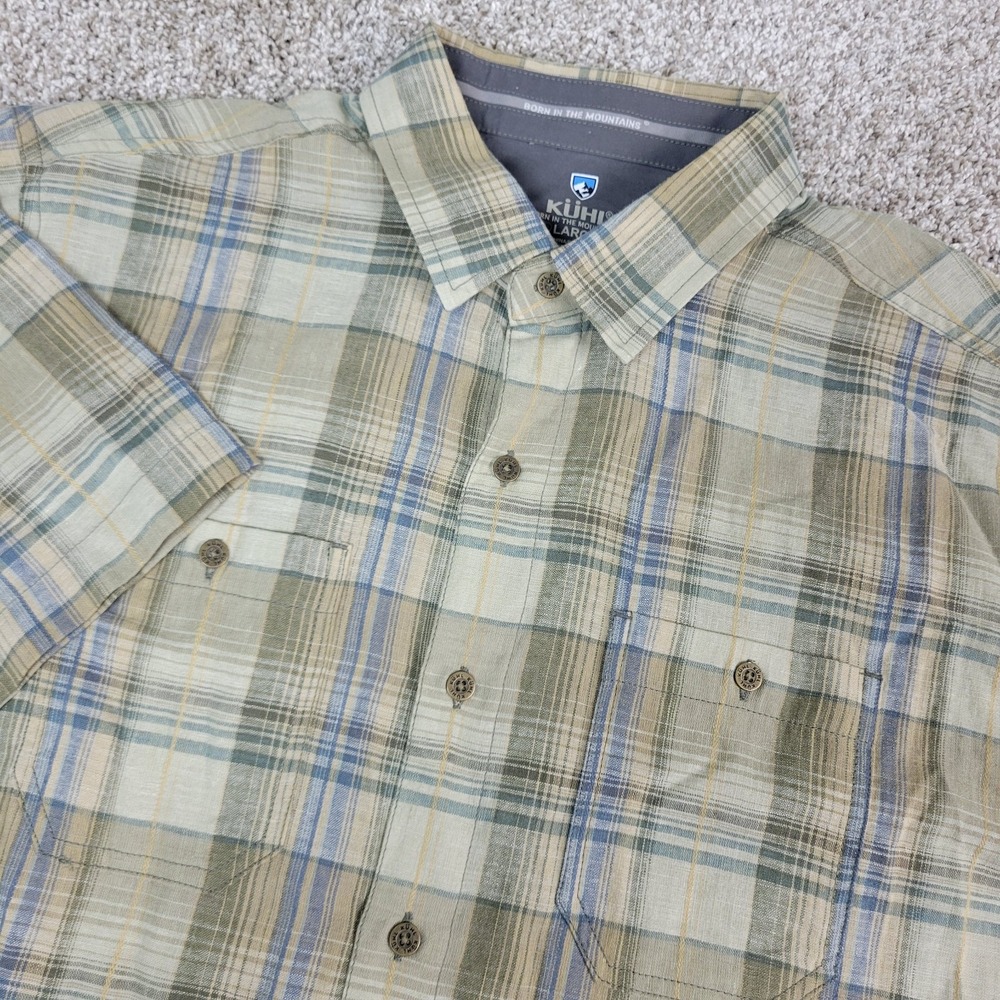 Kuhl Mens Large Brown Plaid Button Up Short Sleeve Workshirt Linen Blend